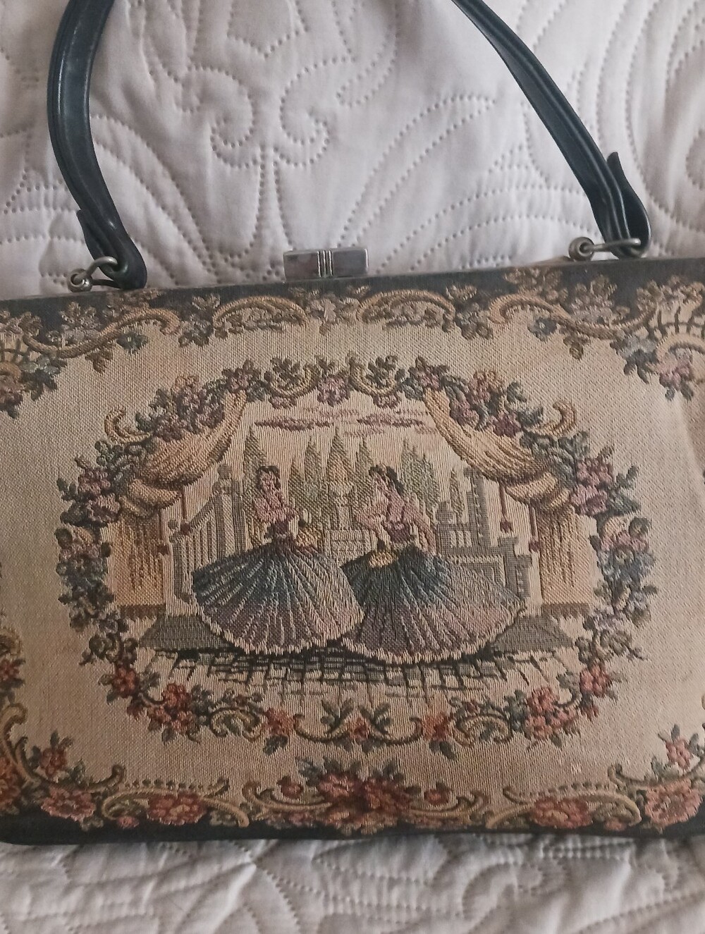 Vintage Tapestry Top-Handle Bag in Beige and Black